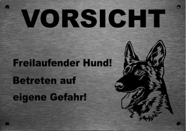 Edelstahl Warnschild Deutscher Schäferhund VORSICHT Freilaufender Hund! Betreten auf eigene Gefahr!
